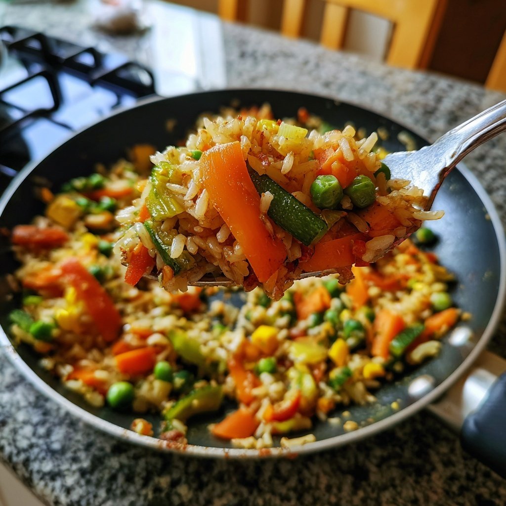 Mittagessen mit Gemüsepfanne und Reis